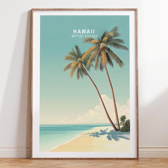 Hawaii Palm Trees White Sand Beach Minimalist Tropical Travel Poster