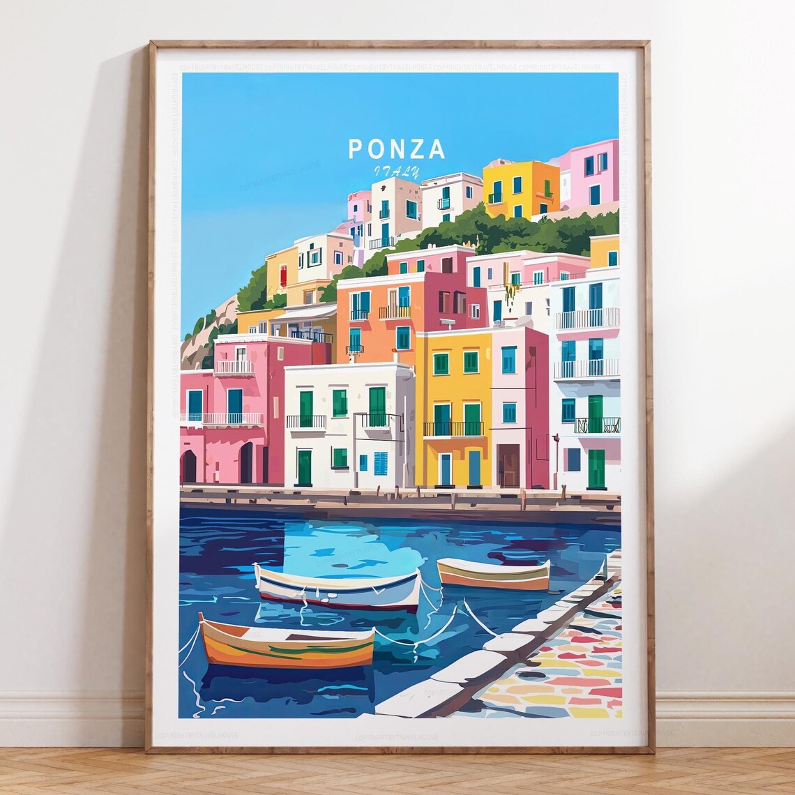 Ponza Italy Pastel Harbor Houses Fishing Boats Blue Sky Travel Poster