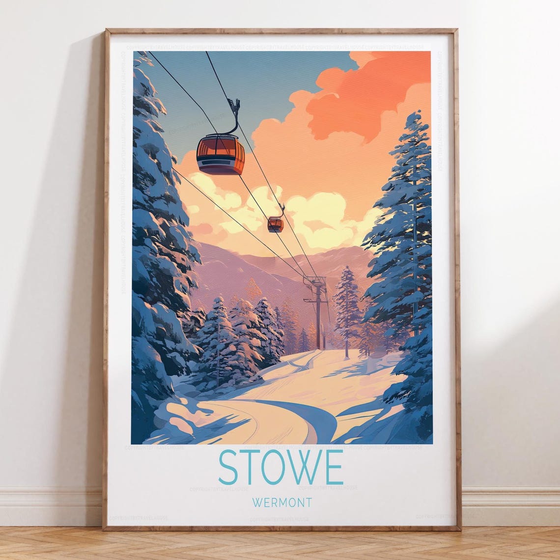 Stowe Vermont Ski Resort Orange Gondola Sunset Travel Poster