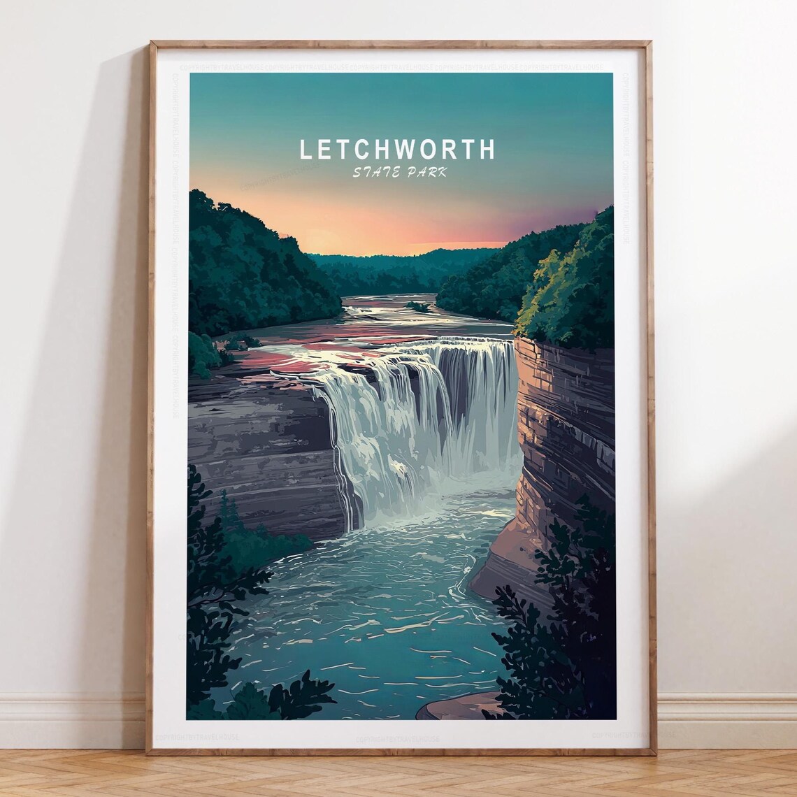 Letchworth State Park Waterfall Cliffs Golden Hour Travel Poster