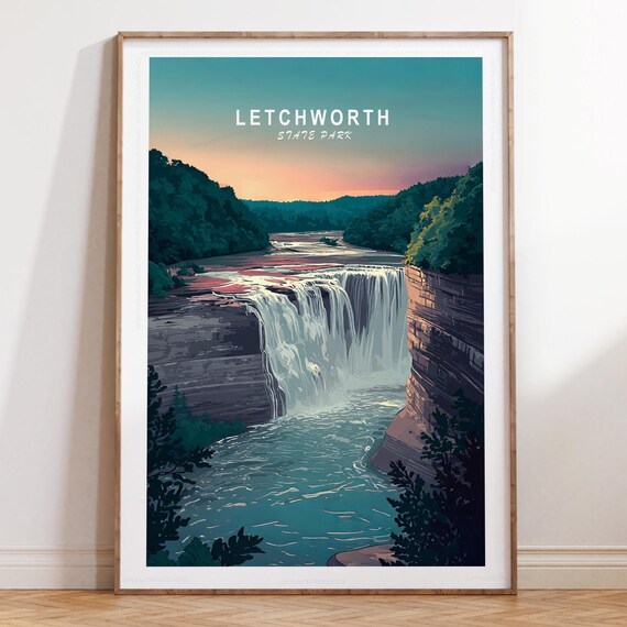 Letchworth State Park Waterfall Cliffs Golden Hour Travel Poster