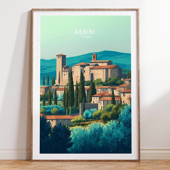 Assisi Italy Old Town Basilica Tower Cypress Trees Travel Poster