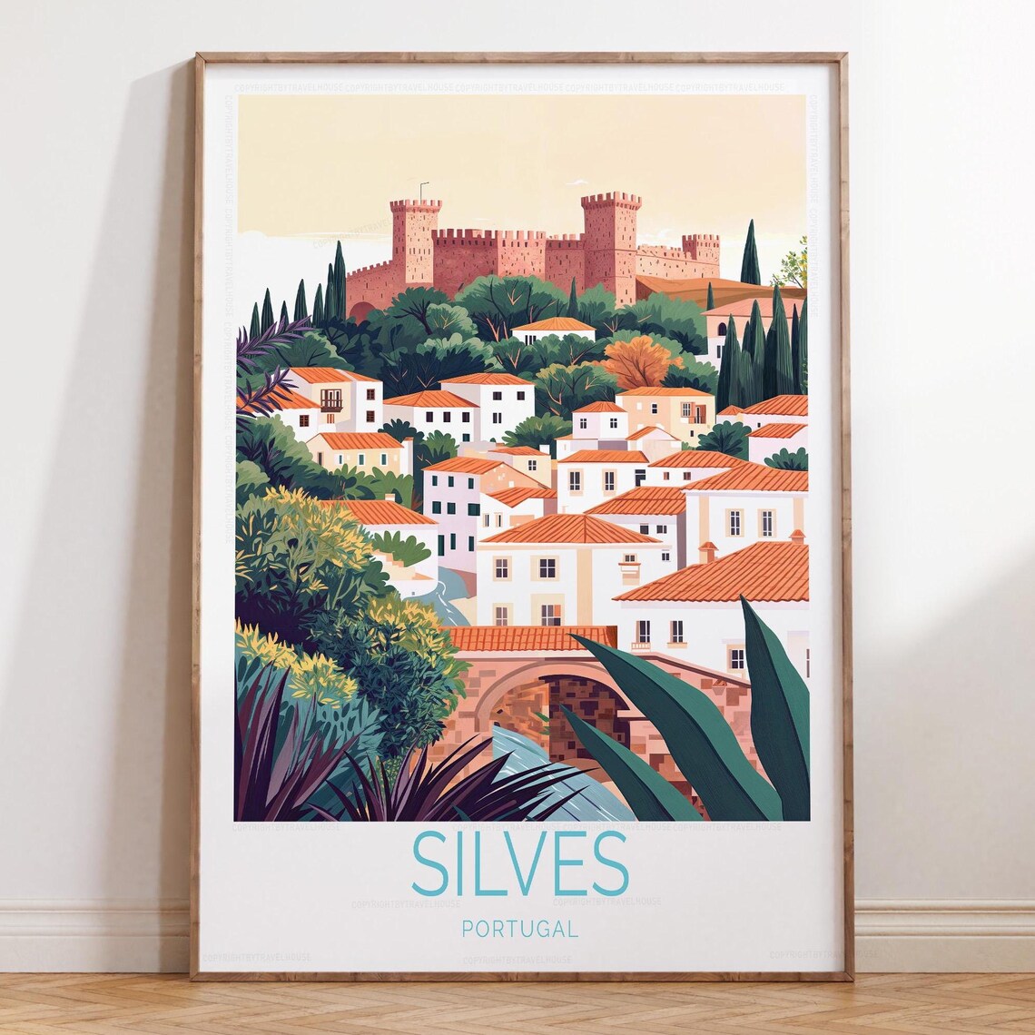 Silves Portugal Hilltop Castle Village With Roman Bridge Travel Poster