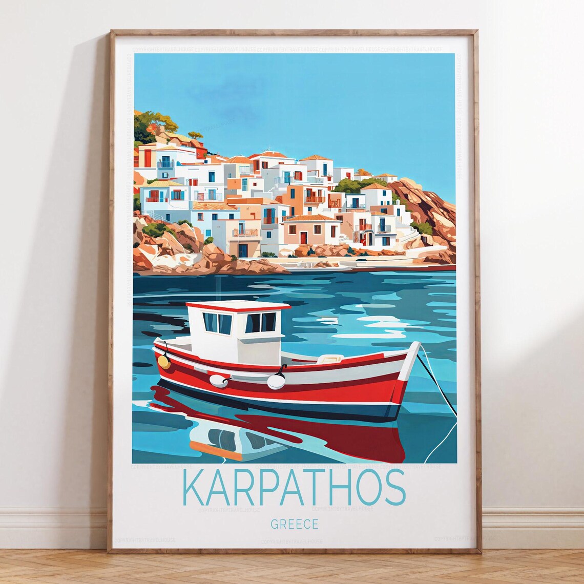 Karpathos Greece Fishing Boat Harbor Village Seaside Travel Poster
