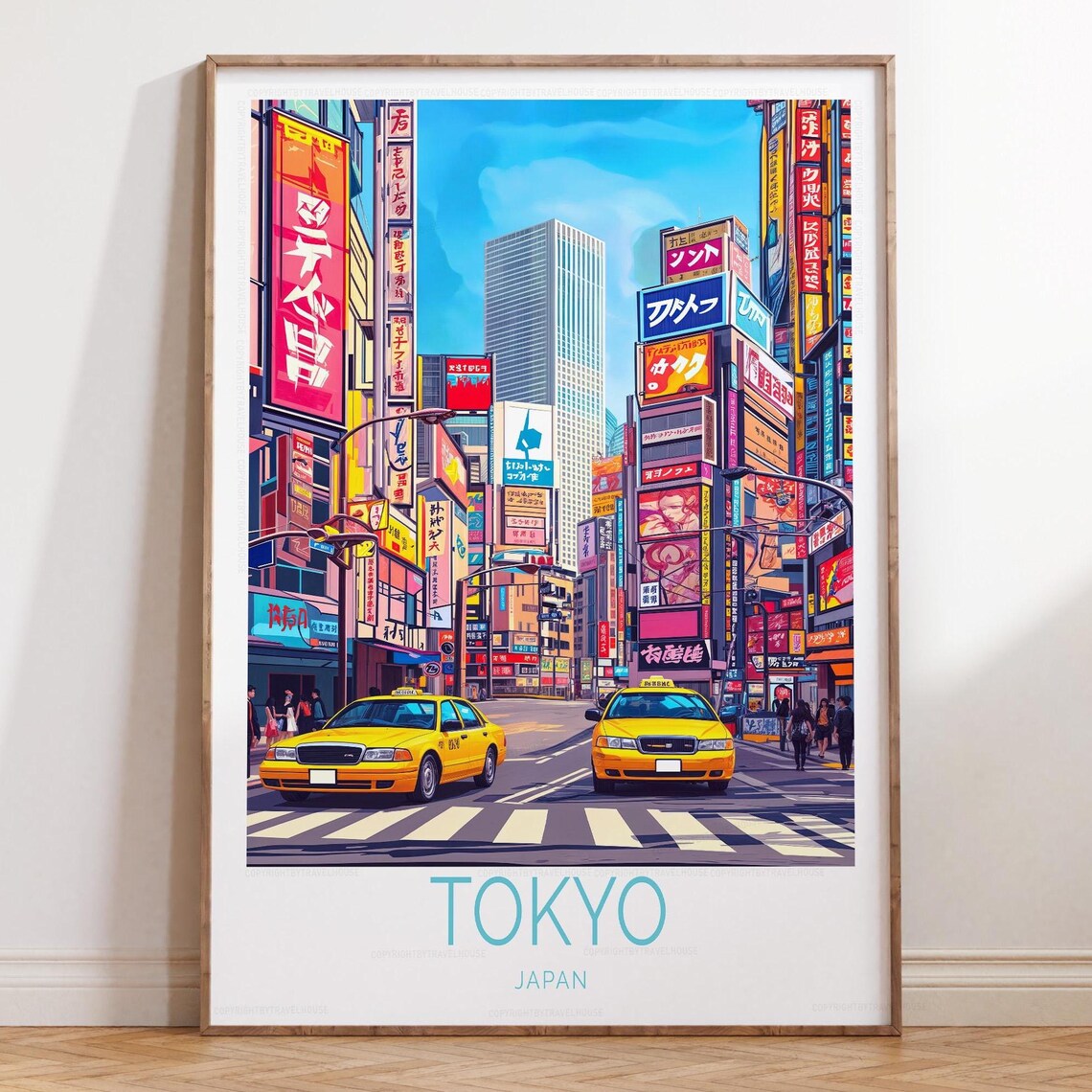 Tokyo Japan Neon City Street With Yellow Taxis Colorful Travel Poster