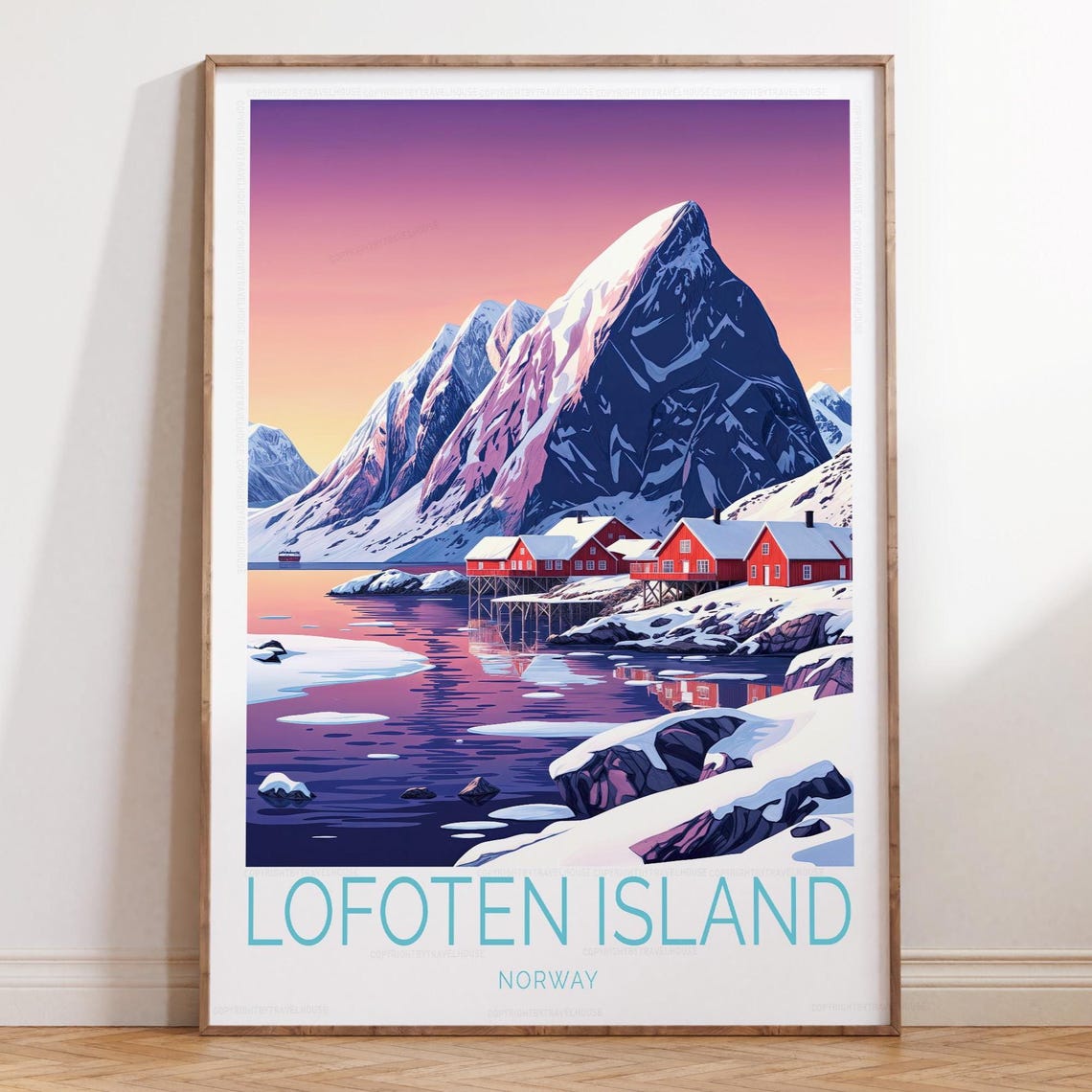 Lofoten Island Norway Winter Snow Mountain Harbor Travel Poster