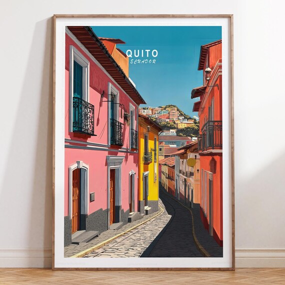 Quito Ecuador Colorful Colonial Street Vintage Travel Poster Art