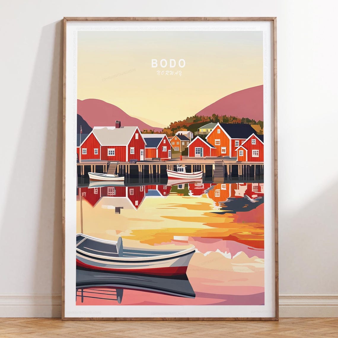 Bodo Norway Minimalist Golden Sky Harbor Reflection Travel Poster