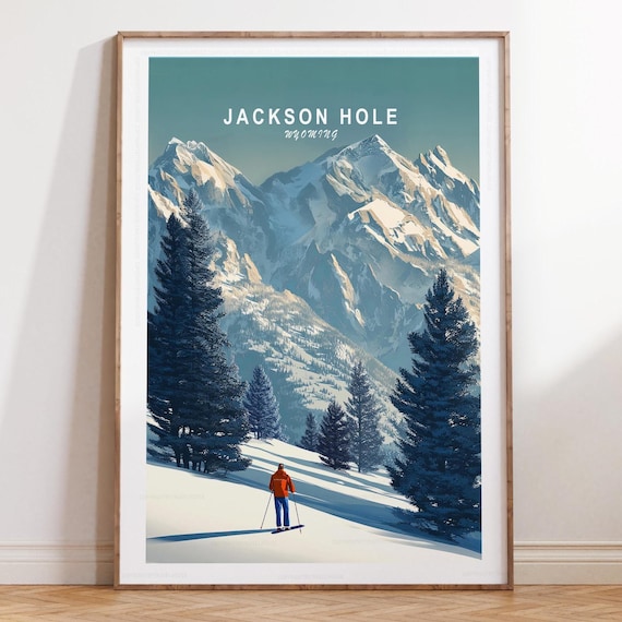 Jackson Hole Wyoming Ski Peaks Sky-High Lettering Travel Poster