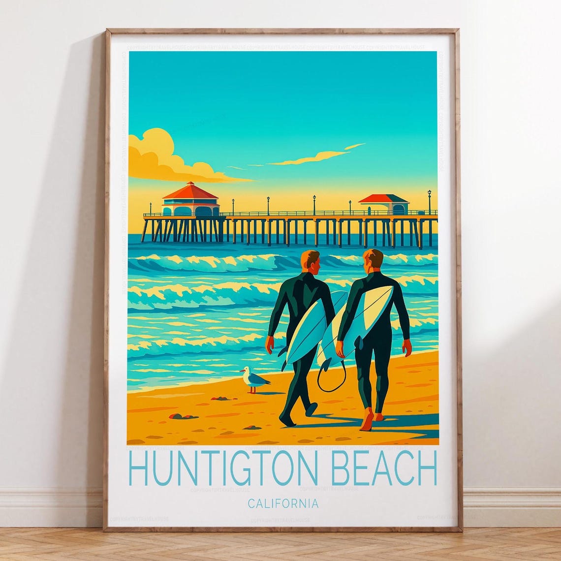 Huntington Beach California Surfers Pier Golden Sand Waves Poster