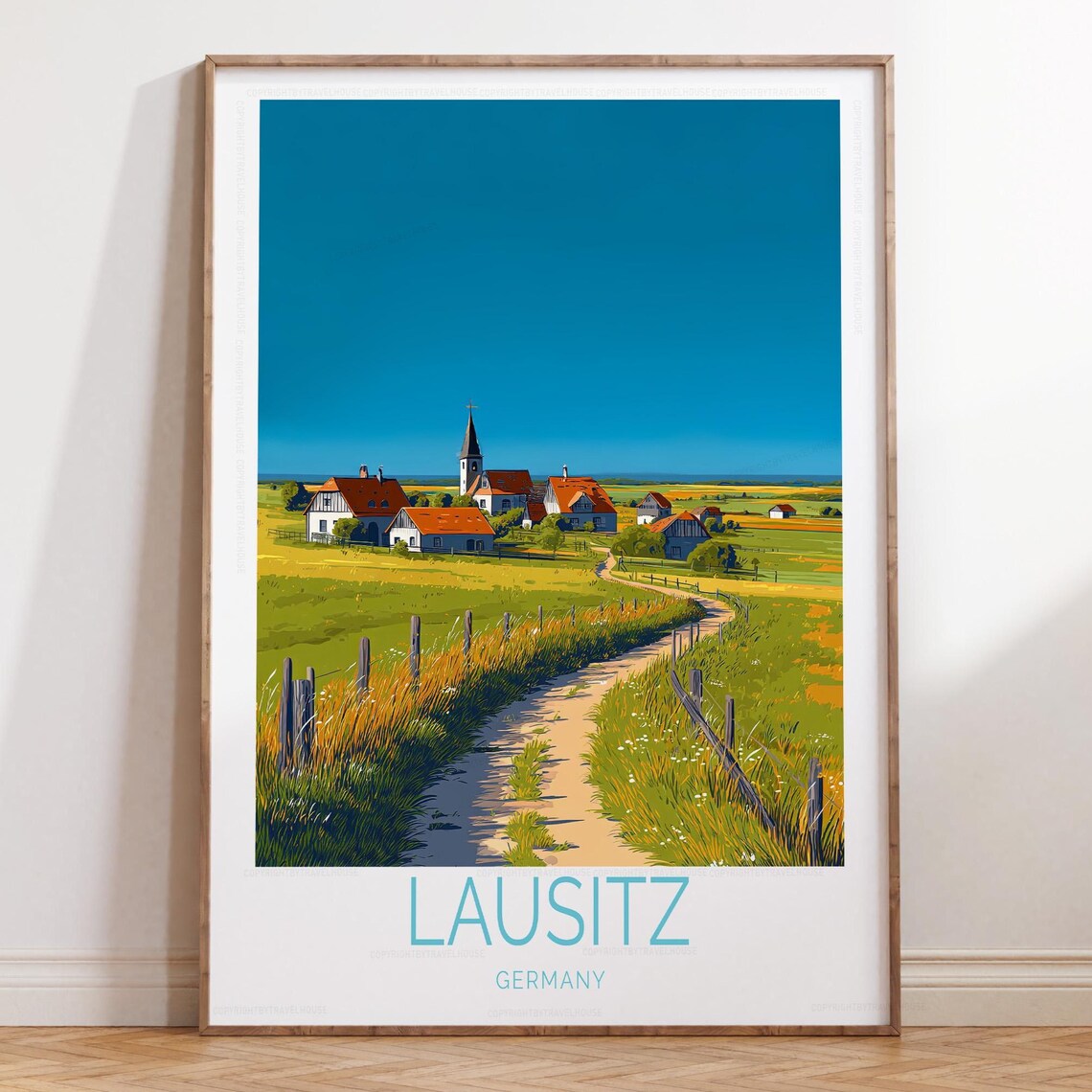 Lausitz Germany Countryside Village Travel Poster with Church