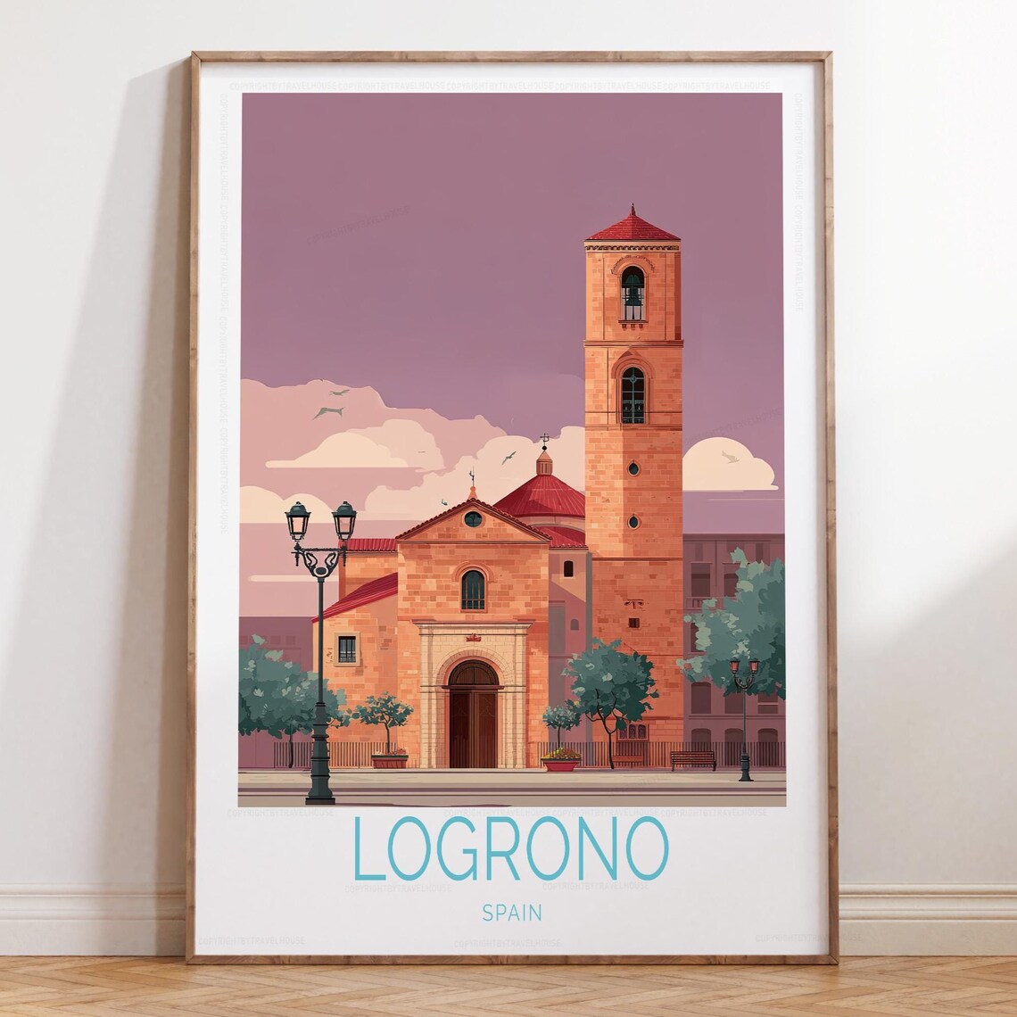 Logrono Spain Brick Church Bell Tower Dusky Pink Sky Travel Poster