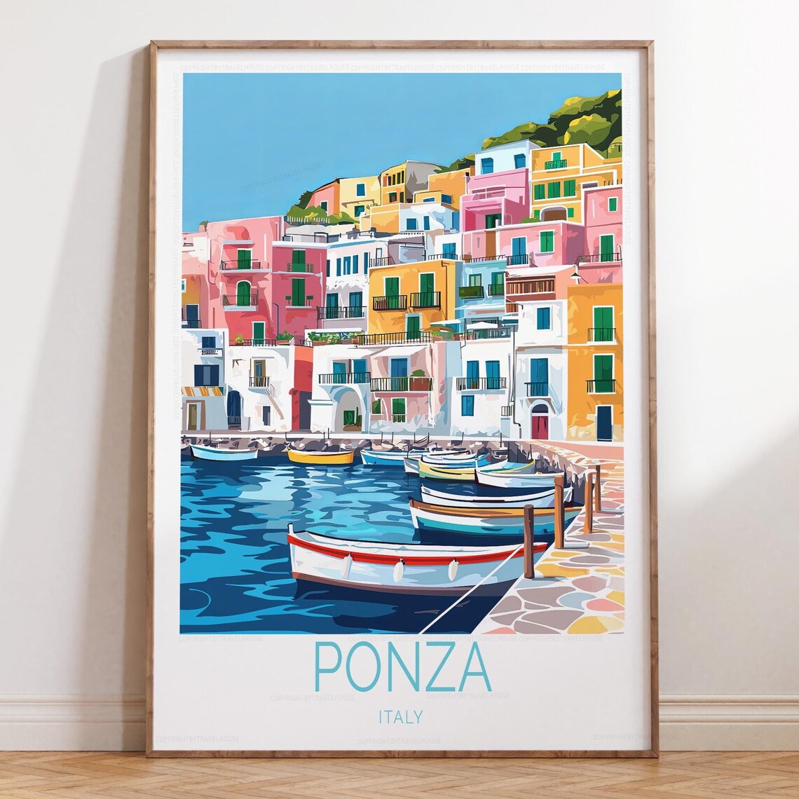 Ponza Italy Colorful Harbor Boats Cliffside Town Travel Poster