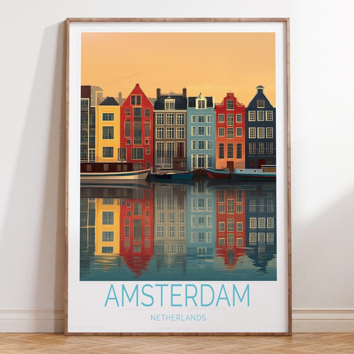 Amsterdam Canal Houses Boats Reflection Golden Sky Travel Poster