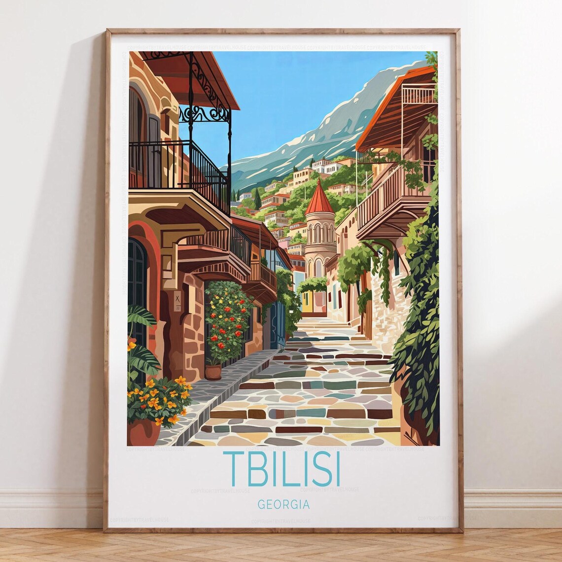 Tbilisi Georgia Old Town Cobblestone Street Vintage Travel Poster