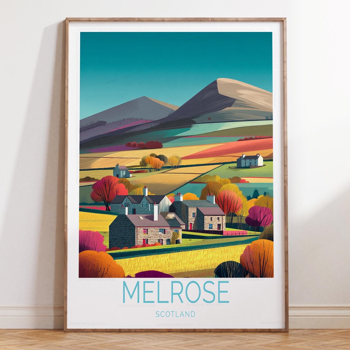 Melrose Scotland Autumn Village Hills Countryside Travel Poster