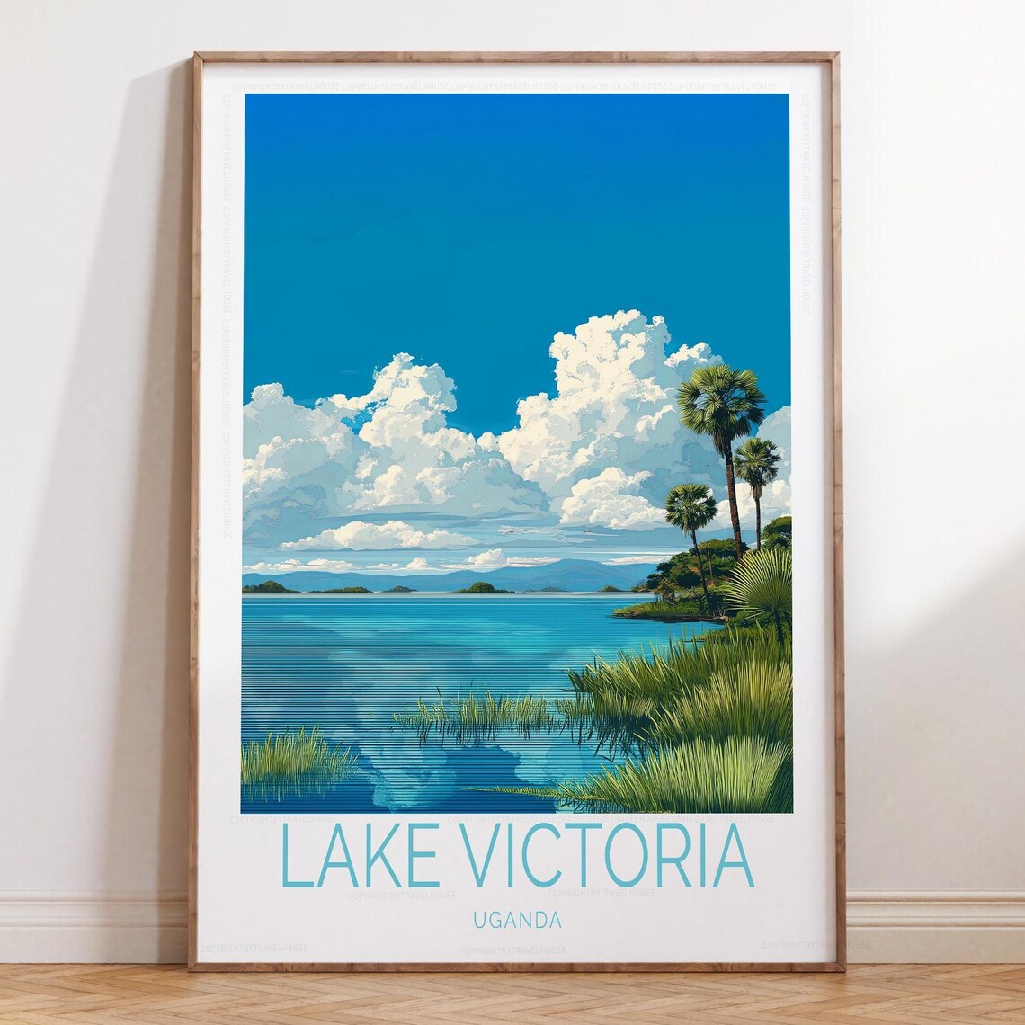 Lake Victoria Uganda Palm Trees Turquoise Shoreline Travel Poster