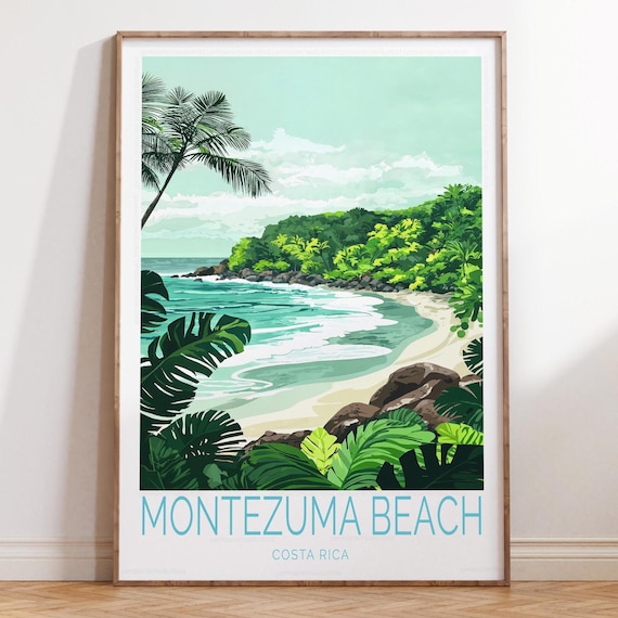 Montezuma Beach Costa Rica Rocky Shore Palm Trees Travel Poster