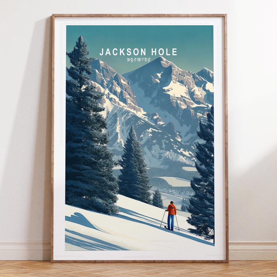 Jackson Hole Wyoming Skier Tall Pines Forest Slope Travel Poster