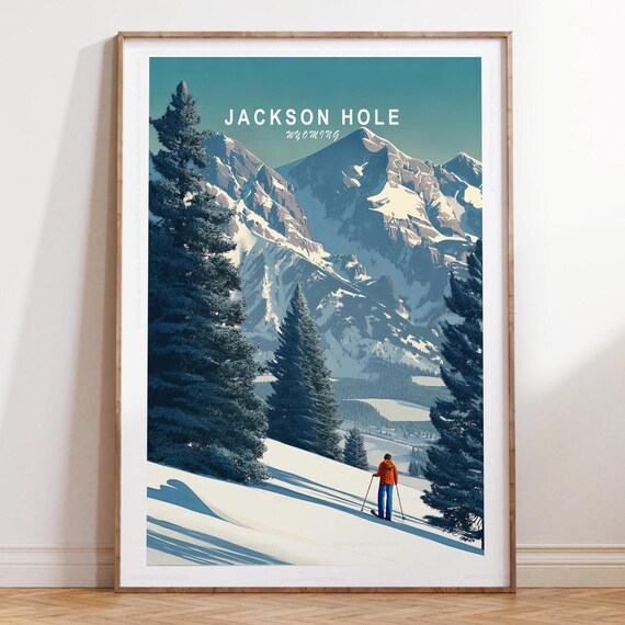 Jackson Hole Wyoming Skier Tall Pines Forest Slope Travel Poster