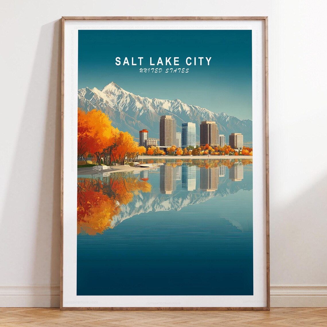 Salt Lake City Vintage Autumn Skyline Mountain Reflection Poster