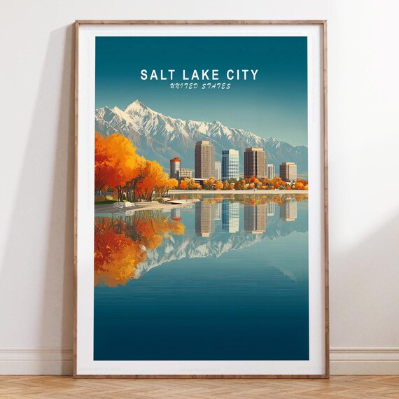 Salt Lake City Vintage Autumn Skyline Mountain Reflection Poster