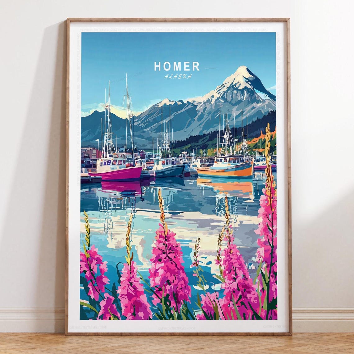Homer Alaska Fishing Fleet at Dawn Under Peaks Vintage Travel Poster