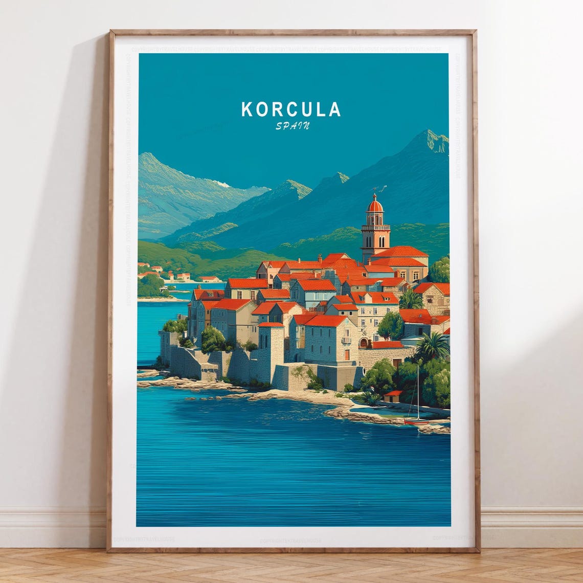 Korcula Spain Mountains Old Town Title Skyline View Art Poster