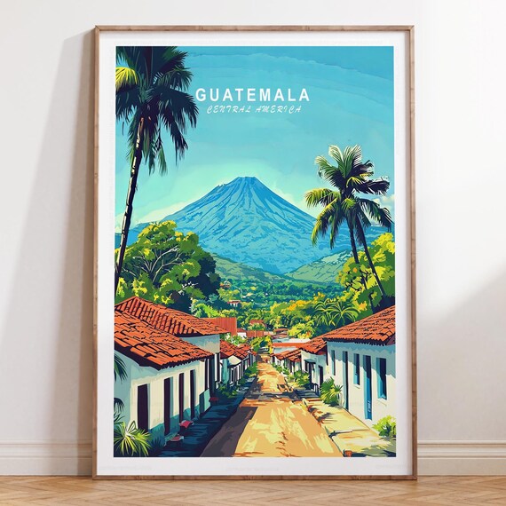 Guatemala Volcano View From Palm Lined Village Street Poster