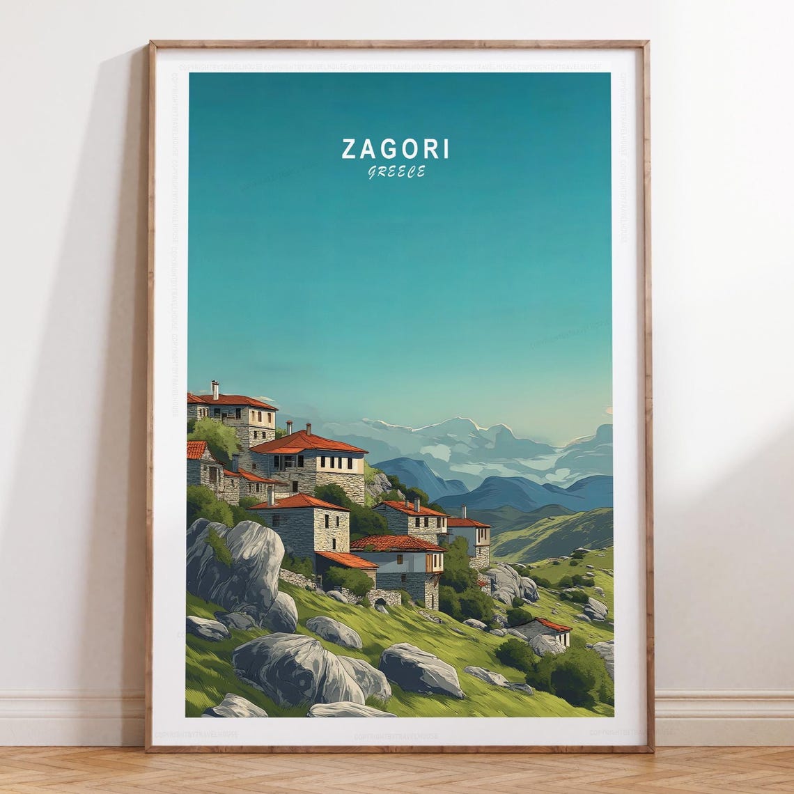 Zagori Greece Stone Village Mountain Travel Poster Red Roofs