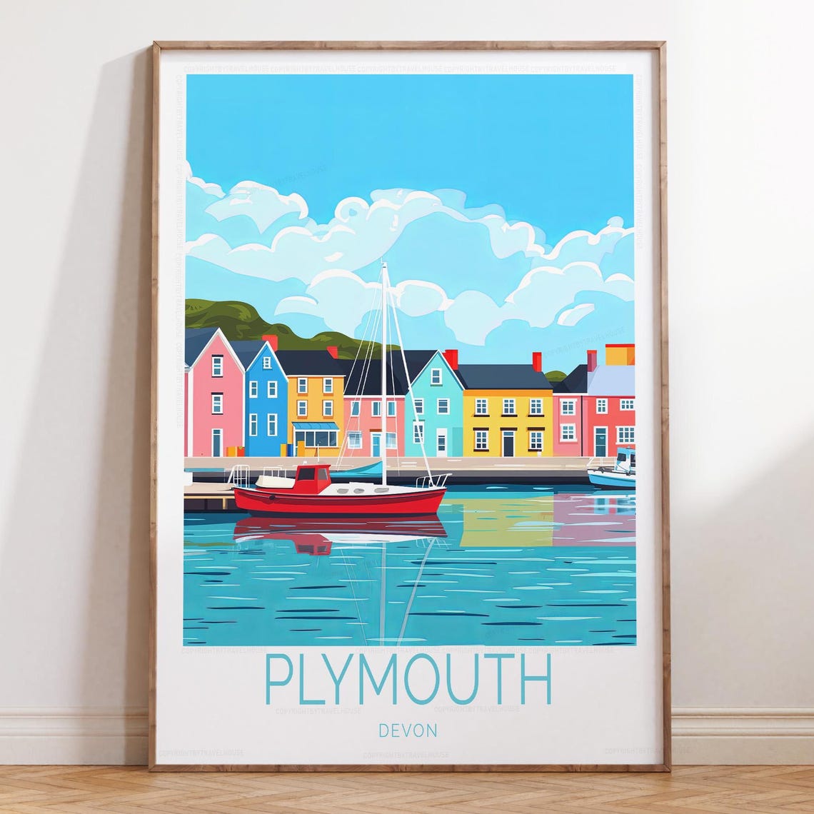 Plymouth Devon Harbor Red Sailboat Reflection Retro Travel Poster