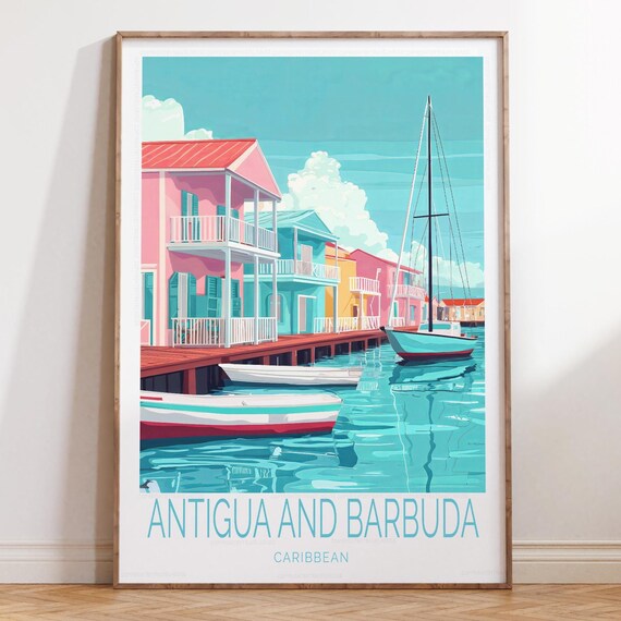 Antigua and Barbuda Caribbean Waterfront Boats Colorful Houses Travel Poster