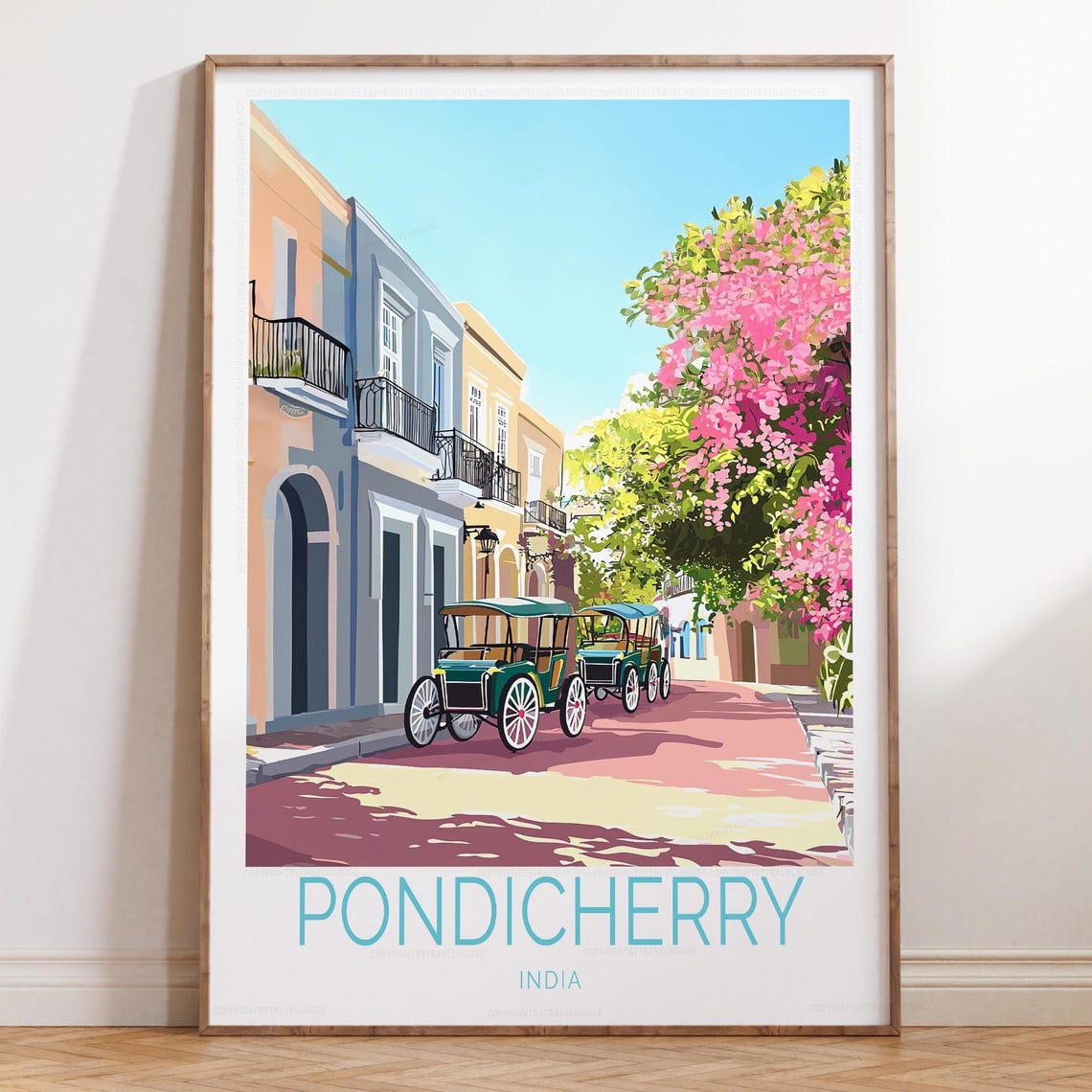 Pondicherry India French Quarter Rickshaw Colonial Street Poster