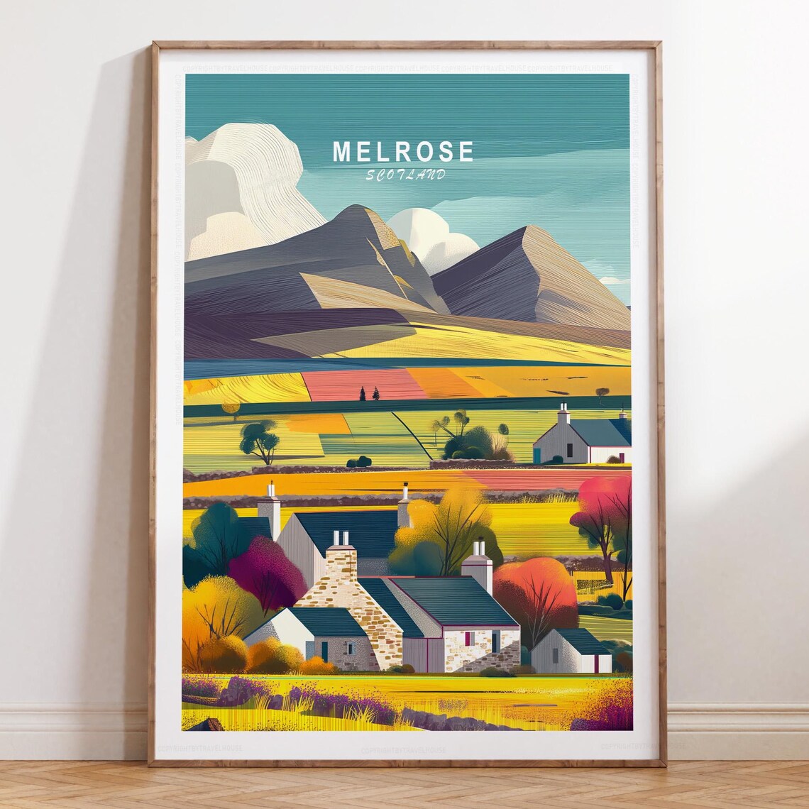 Melrose Scotland Golden Fields Stone Cottages Mountain Travel Poster