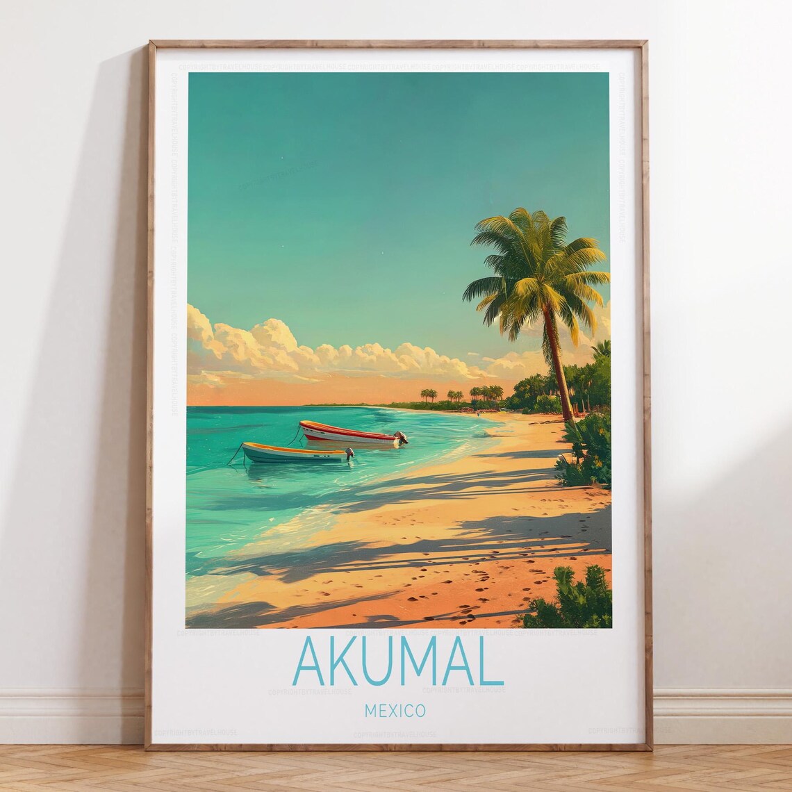 Akumal Mexico Turquoise Sea Anchored Boats Single Palm Poster