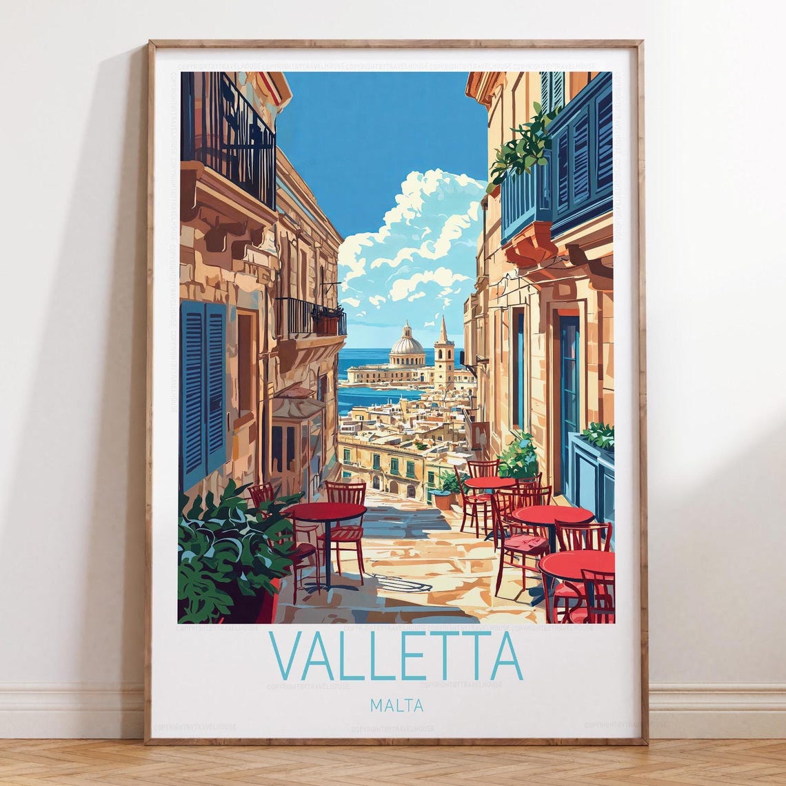 Valletta Malta Old Town Alley Cafes Sea View Balcony Travel Poster