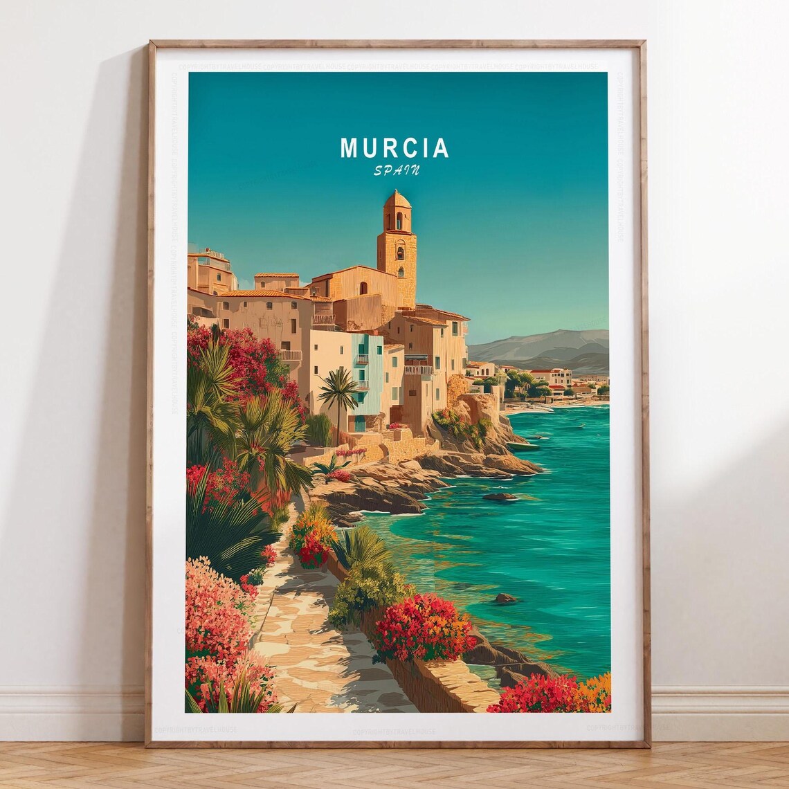 Murcia Spain Hilltop Church Under Teal Sky Vintage Travel Poster