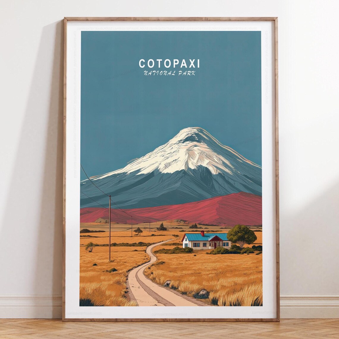 Cotopaxi Volcano Blue Roof Cabin Golden Grassland Travel Poster