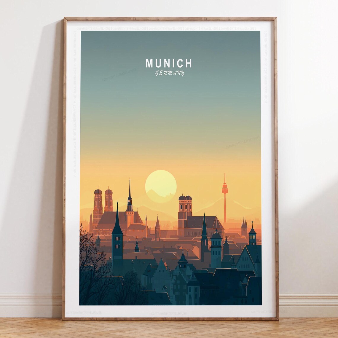 Munich Germany Sunrise Cityscape Minimalist Morning Travel Poster