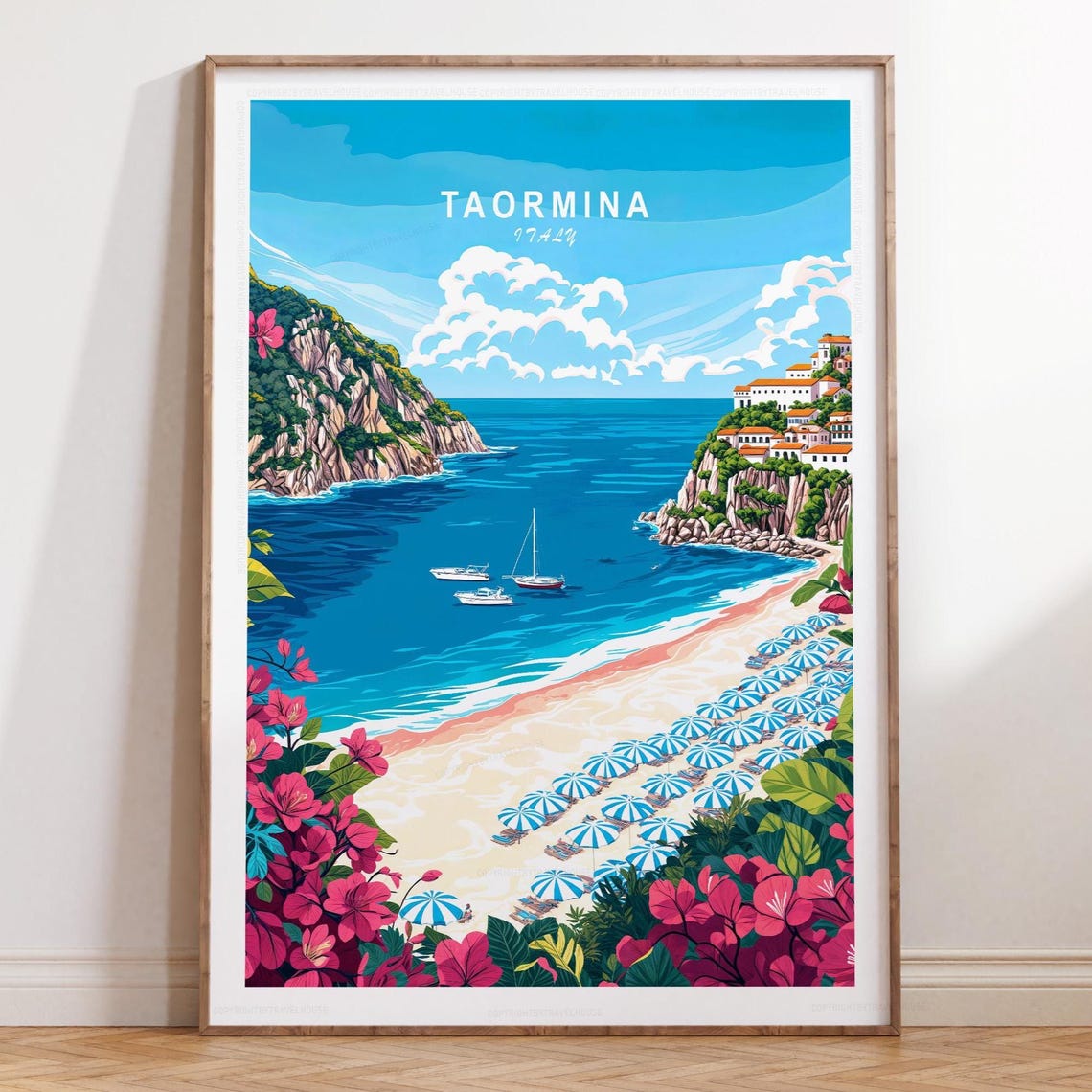 Taormina Italy Beach with Umbrellas Cliffs and Sailboats Poster