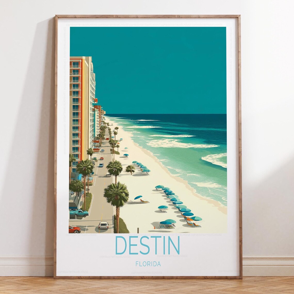 Destin Florida White Sand Beach with Hotel Row Vintage Travel Poster