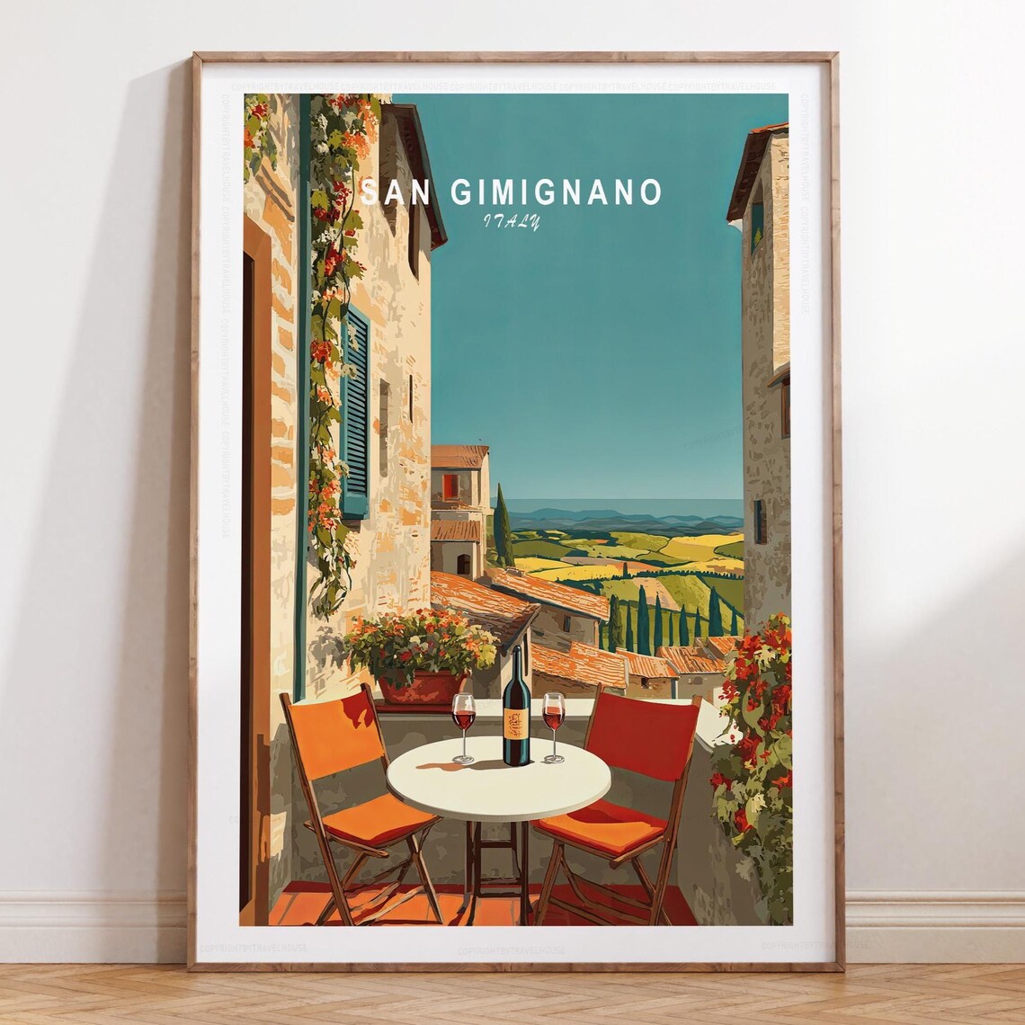 San Gimignano Italy Terrace With Title Across The Sky Travel Poster