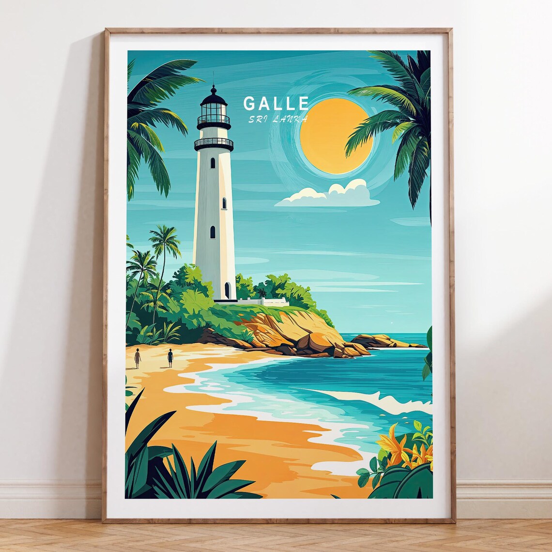 Galle Sri Lanka Lighthouse Golden Sun Beach Retro Travel Poster