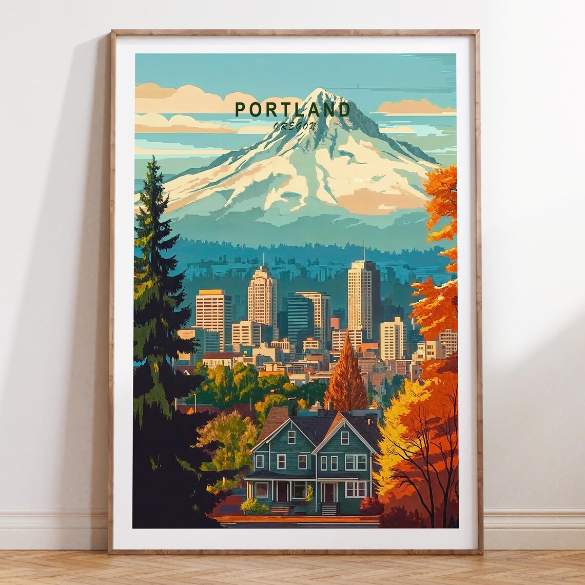 Portland Oregon Mount Hood With Top Title Text Travel Poster