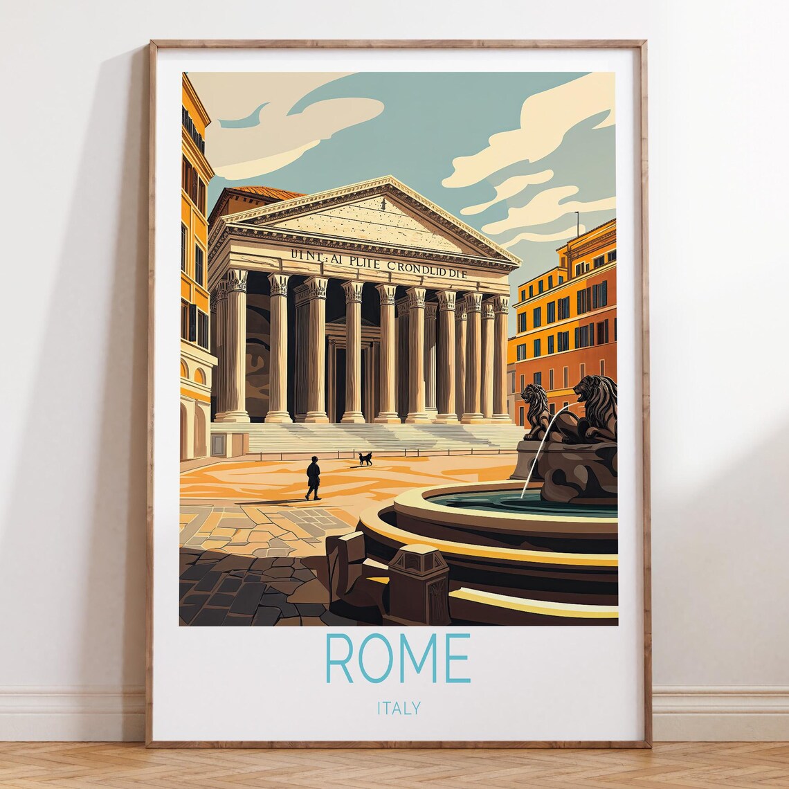 Rome Italy Pantheon Ancient Columns Fountain Vintage Travel Poster