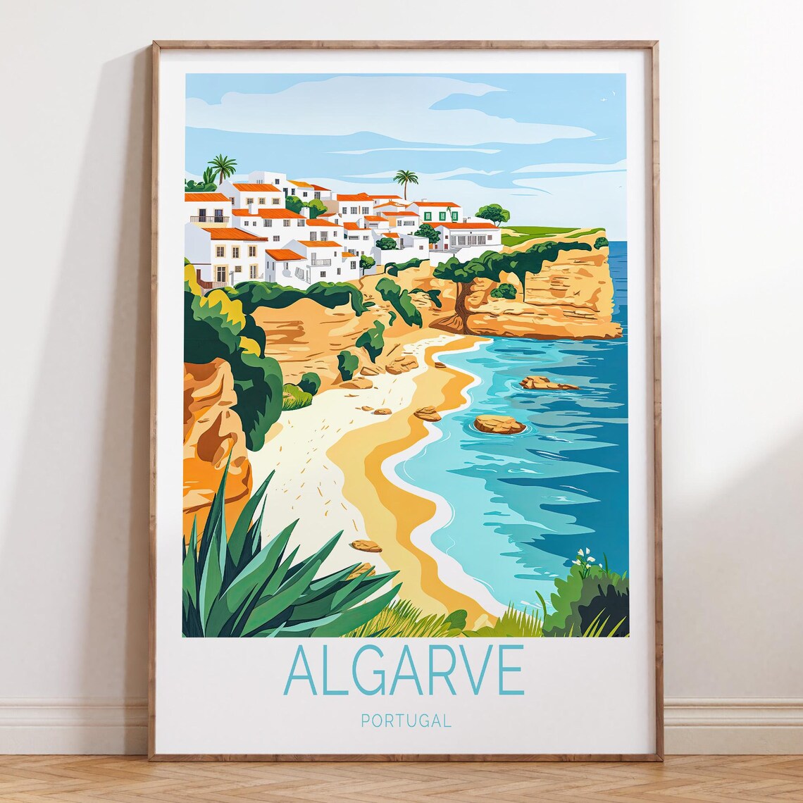 Algarve Portugal Cliffside Village Turquoise Cove Travel Poster