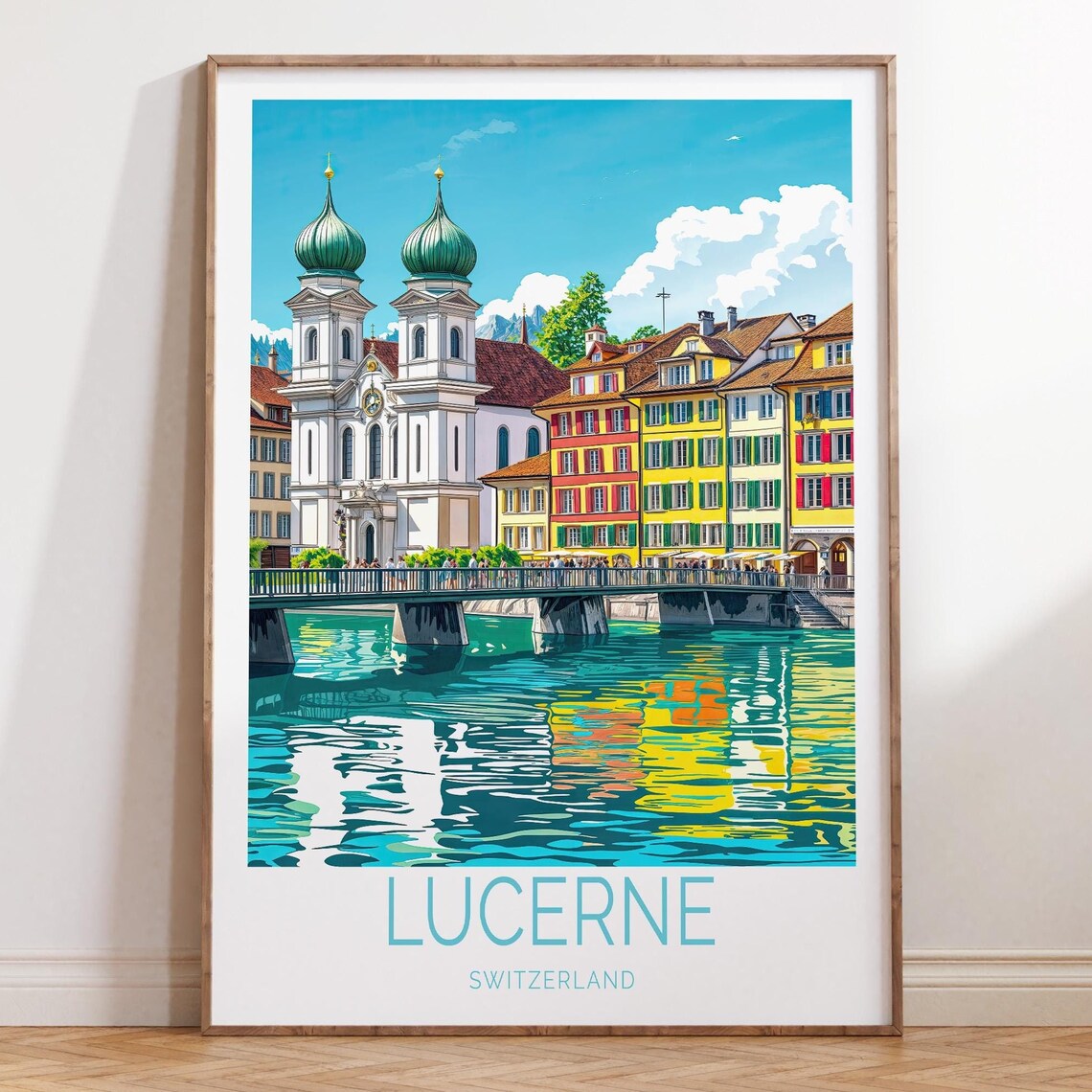 Lucerne Switzerland Twin Church Towers Riverside Travel Poster