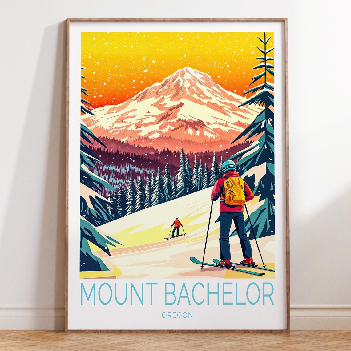 Mount Bachelor Oregon Snowfall Skier Yellow Backpack Art Poster