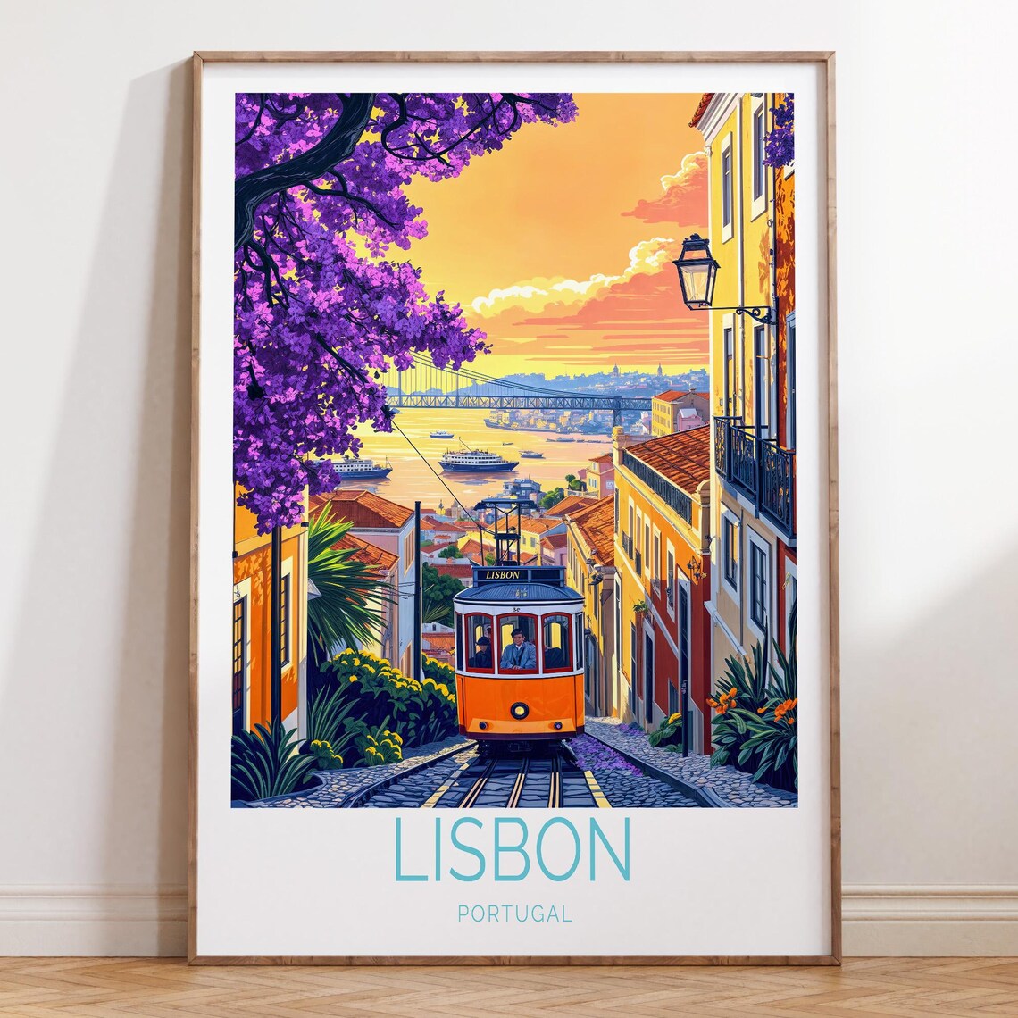 Lisbon Portugal Yellow Tram Sunset Travel Illustration Poster