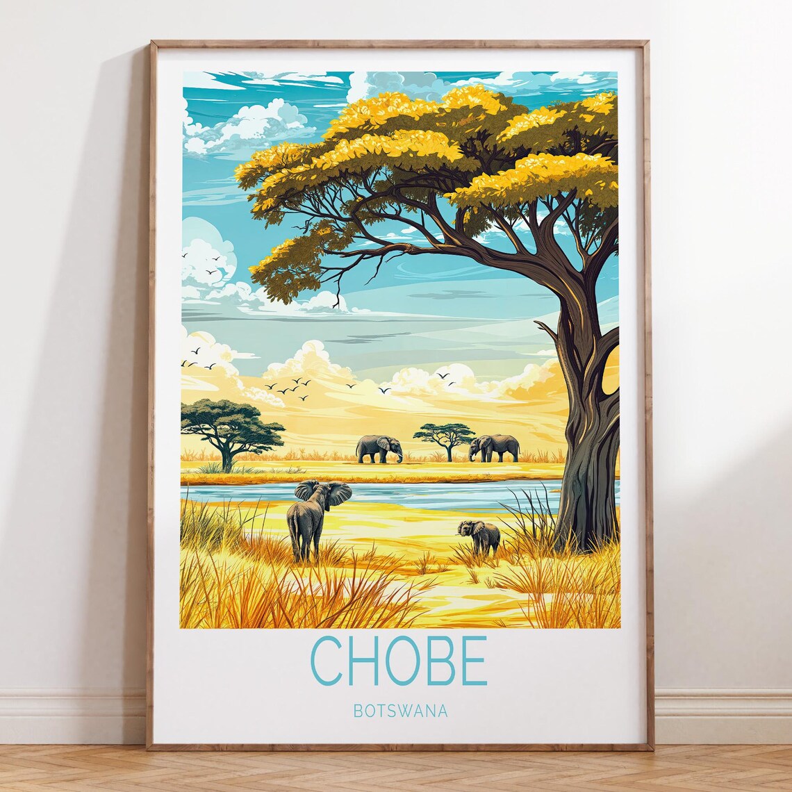 Chobe Botswana Elephants Golden Acacia Sunset Safari Travel Poster